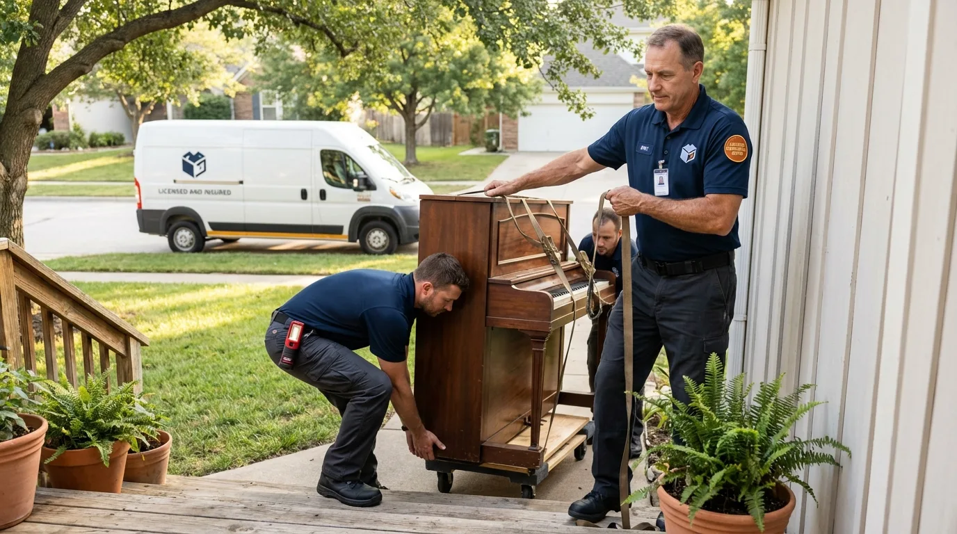 Licensed piano movers securing grand piano in Plattsmouth, NE