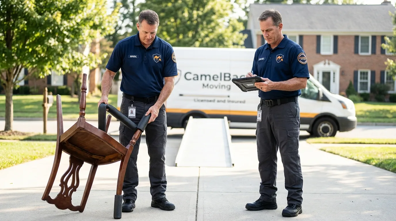Movers inspecting furniture for damage prevention before loading in Plattsmouth, NE