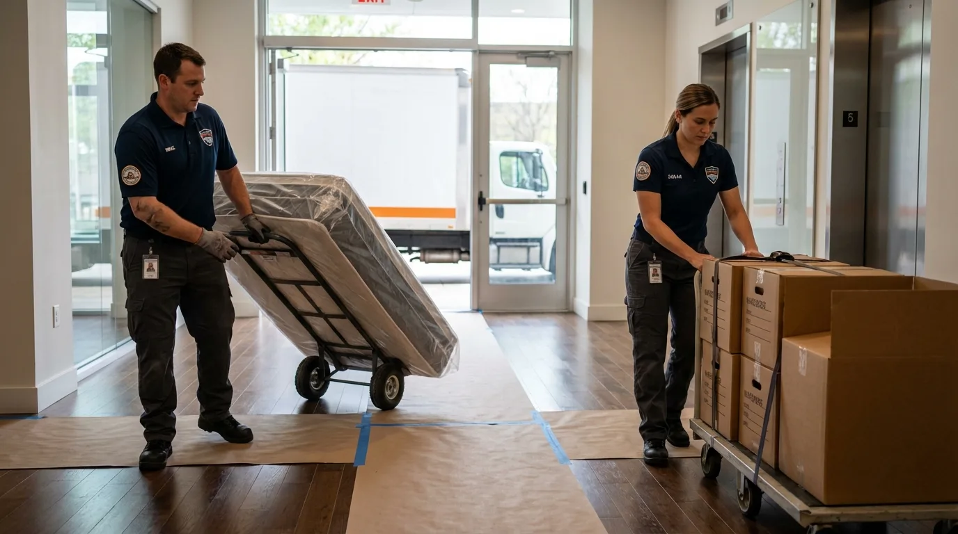 Professional apartment movers loading elevator in Plattsmouth, NE