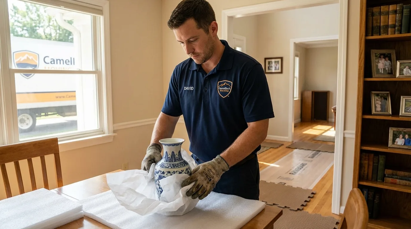 Professional crew carefully wrapping antique vase for senior downsizing move in Plattsmouth, NE